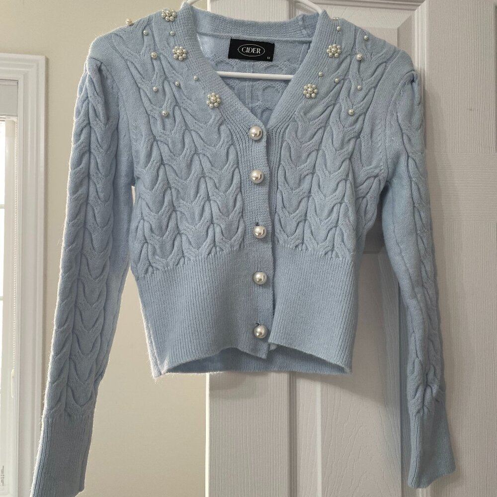 CIDER Baby Blue Cardigan with Pearls Accents GIRLHOOD GILMORE CLASSIC FORMAL